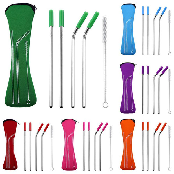 New 4Pcs Reusable Silicone Tips Cover Stainless Steel Straight Bent Drinking Straws With Bag Brush Drop Shipping