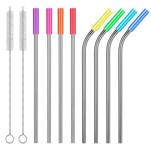 Stainless Steel Metal Straws with Cleaning Brush Silicon Covers for Thick Drinks Smoothie Milkshake Juice Drinking Straws