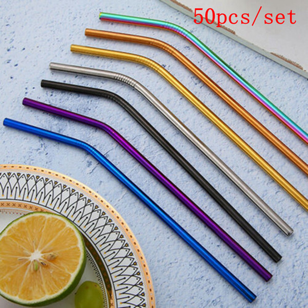 50pcs Titanium-Plated Colored Metal Milk Tea Drink 304 Stainless Steel Straws T200111