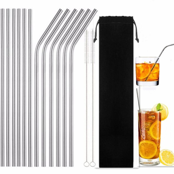 6*265MM 304 Stainless Steel Straw Bent And Straight Reusable Colorful Straw Drinking Straws Metal Straw Cleaner Brush Bar Drinking Tool