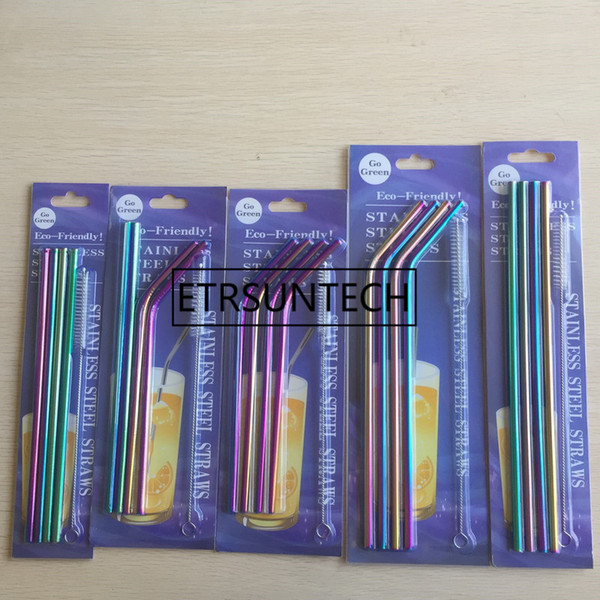 4pcs/pack Rainbow 304 Stainless Steel Straws Reusable Straight Bent Metal Drinking Straw With Cleaner Brush Party Bar Accessory