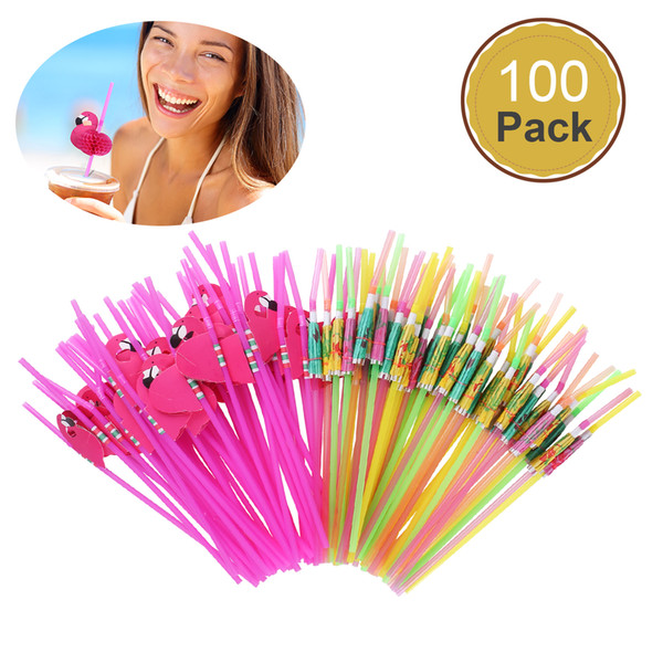 New Drinking Straws Christmas 100pcs Tropical Drinking Straws Luau Wedding Hawaiian Umbrella Flamingo Flower Disposable Straws