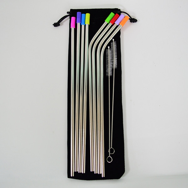 Stainless Steel Drinking Straws with Colorful Silicone Tips Cleaning Brushes 8+2 Set Reusable 8.5inch Metal Straw for Birthday Wedding Party