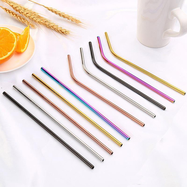 6*215mm Stainless Steel Straw Bent And Straight Reusable Colorful Eco Friendly Drinking Straws Metal Straw Bar Drink