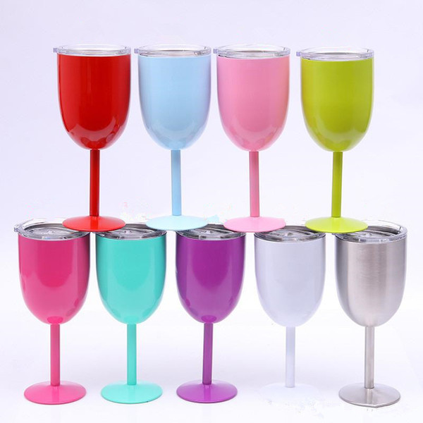 9 colors in stock! 10oz metal goblet stianless steel red wine glass with lids Tumbler cup solid Thermos Party cup