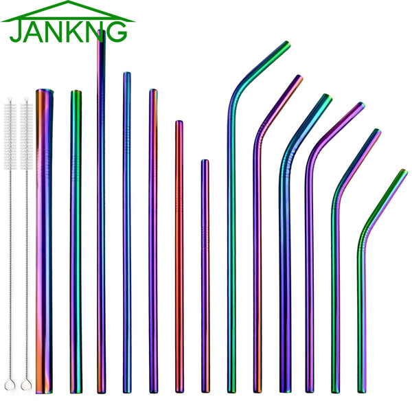 16/19/21/23/26cm Colorful Rainbow Straw 304 Stainless Steel Straws 6/8/12mm Reusable Bent Metal Drink Straw Brush 10PCS