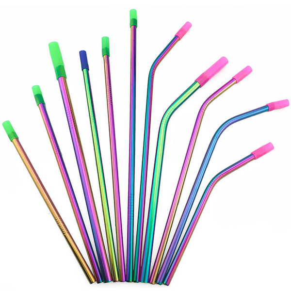 Multi-size Long Rainbow Metal 304 Stainless Steel Drinking Straws Straight Bend Silicone Tips Tumbler Reusable Sivler Clean Brush 20PCS