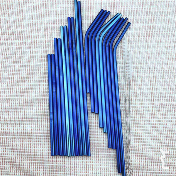 New Blue 10pcs Reusable Metal Bent Straight Drinking Straws 304 Stainless Steel Bend Upright Drinks Straw for Mugs with Cleaning Brush Box