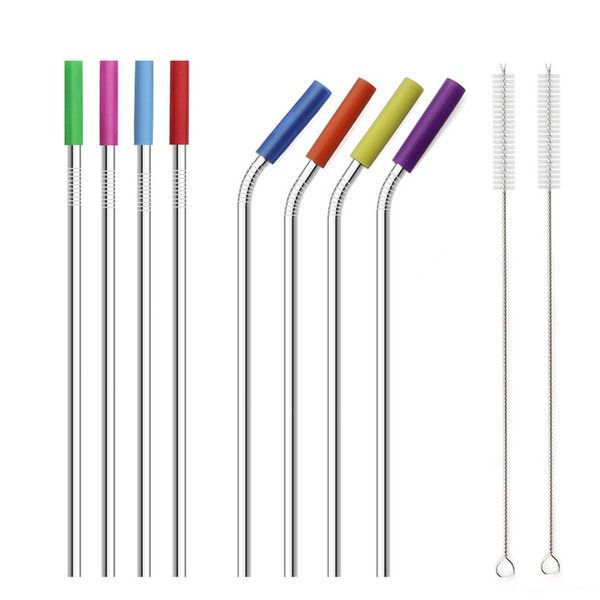 100pcs High Quality Straw Bent Silicone Tip Straws 100% Brand New Stainless Steel Metal Drinking Straws With Cleaning Brushes Recycle 20oz