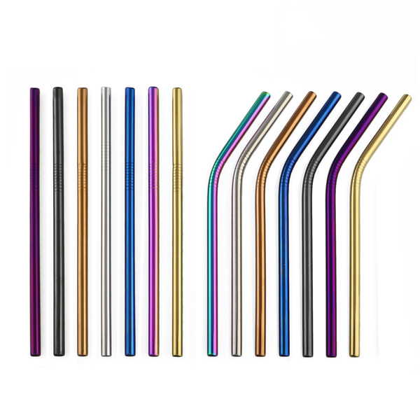 16cm Colorful Straws 304 Stainless Steel Straws Reusable Bent Straight Metal Drinking Straw with Cleaner Brush for Glass Mugs