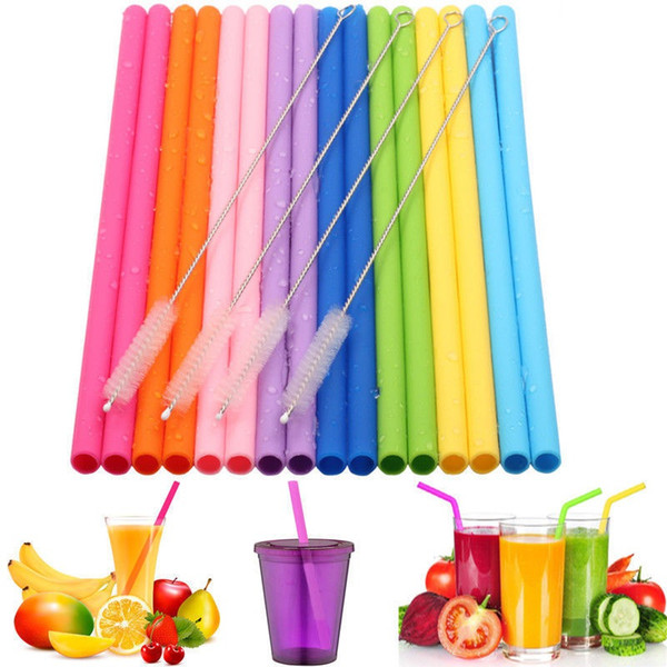 Reusable Silicone Straw Set Straight 16Pcs/set Bend Silicone Drinking Straw With Cleaning Brush Party Home Drinking Tools TTA725