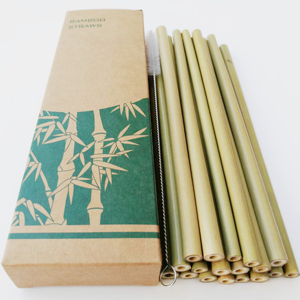 Natural Bamboo Straight Straws Cleaning Brush Reusable Drinking Straws Drinking Tool Set For Bar Birthday Party