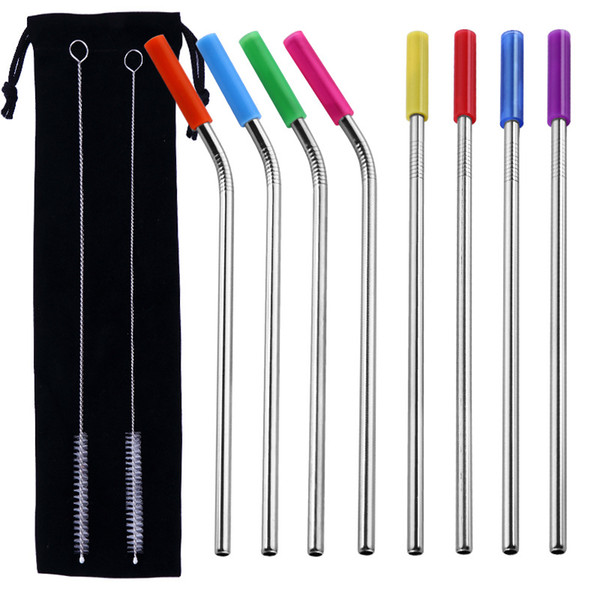 stainless steel drinking Straws with silicone tip cover 215 266mm straws sets with cleaning brushes for 30OZ 20OZ cups