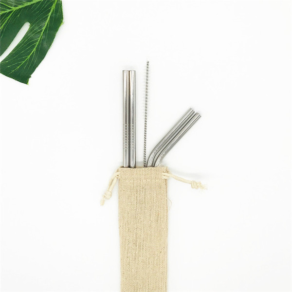 Reusable Metal Straw Set Stainless Steel Straw Set with Cleaning Brush Linen Bag Packing 4+1 Free Combination