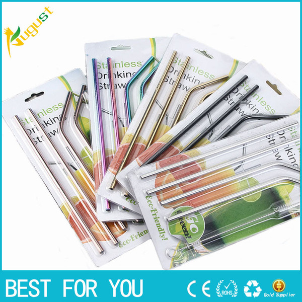 2018 New High Quality Colorful Straw 304 Stainless Steel Straws Reusable Bent Metal Drinking Straw with Cleaner Brush Set