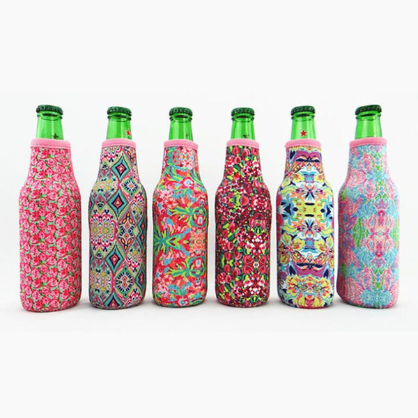 Beer Bottle Koozies Zipper Neoprene Wine Bottle Coolers Baseball Softball Floral Printed Beverage Beer Sleeves Soft Drink Covers fast