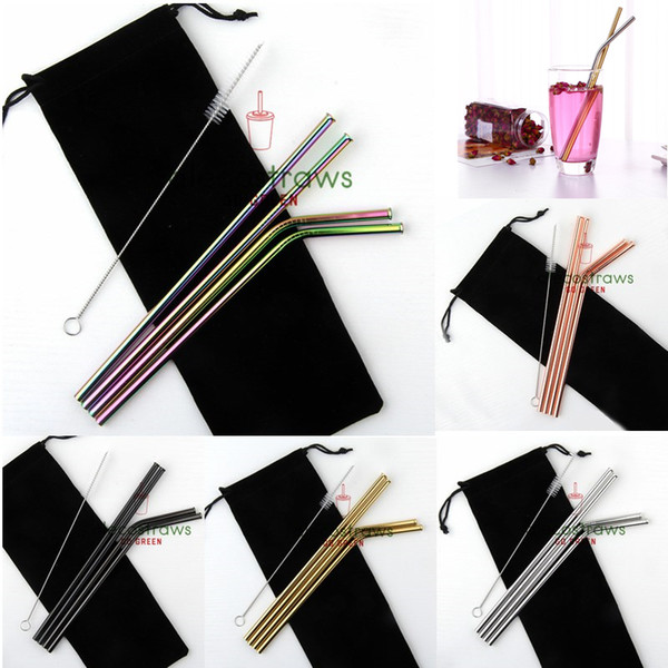 Colorful 6pcs/set Straight & Bend/Elbow Scratch-proof 304 Stainless Steel Straws Eco Metal Drinking Straw Bar Tools New Year Gift Set AS4115