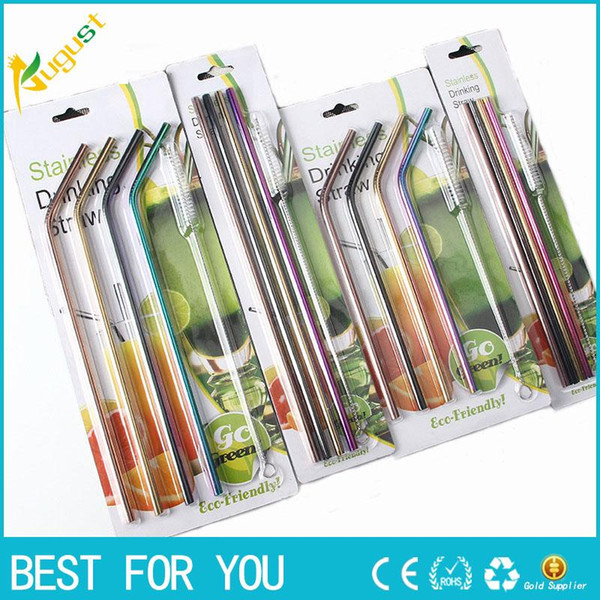 High Quality Colorful Straw 304 Stainless Steel Straws Reusable Bent Metal Drinking Straw with Cleaner Brush Set