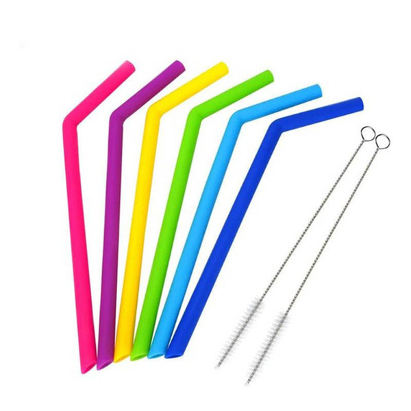 6pcs/lot Reusable Silicone Straw Drinking Straws For Home Party cup wine gvlasses with 2 Clean Brush Set