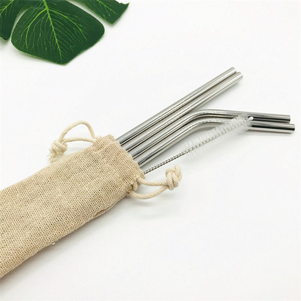 Metal Stainless Steel Drink Straw 4+1 Set Reusable Drinking Straw Set with Cleaning Brush Customized Linen Bag Packing