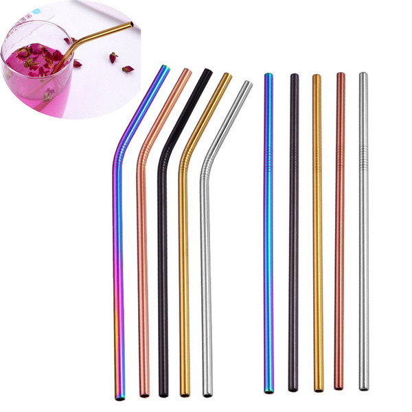 6*215mm 304 Stainless Steel Straw Bent And Straight Reusable Colorful Straw Drinking Straws Metal Straw Cleaner Brush Drinking Tool 500pcs