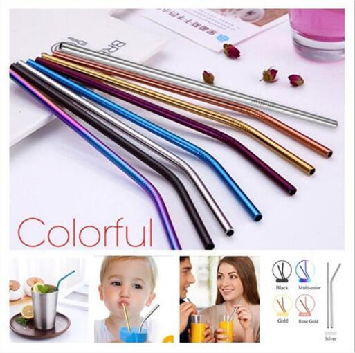 6*215mm 304 Stainless Steel Straw Bent And Straight Reusable Colorful Straw Drinking Straws Metal Straw Cleaner Brush Drinking Tool 200pcs