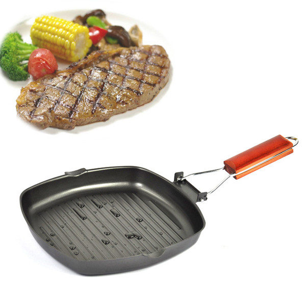 Duolvqi Non -Sticky Cast Iron Steak Frying Pan Wooden Handle Folding Portable Square Grill Pan