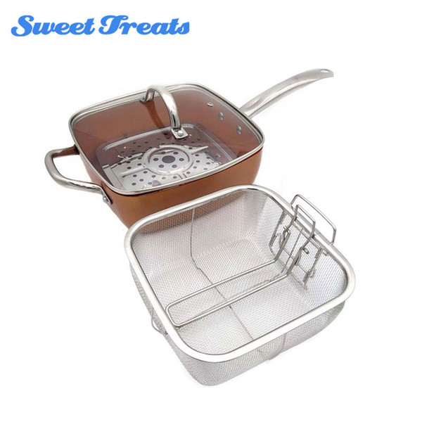 Sweettreats Copper Square Pan Induction Glass Lid Fry Basket With Stainless Steel Handle ,Steam Rack 4 Piece Set ,9 .5 Inches