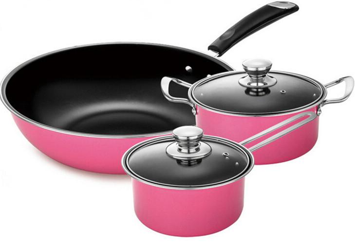 Wholesale-High Quality Cooking Set New 3 Pieces Pot And Pan Set Ceramic Nonstick Cookware Set Pink Free Shipping