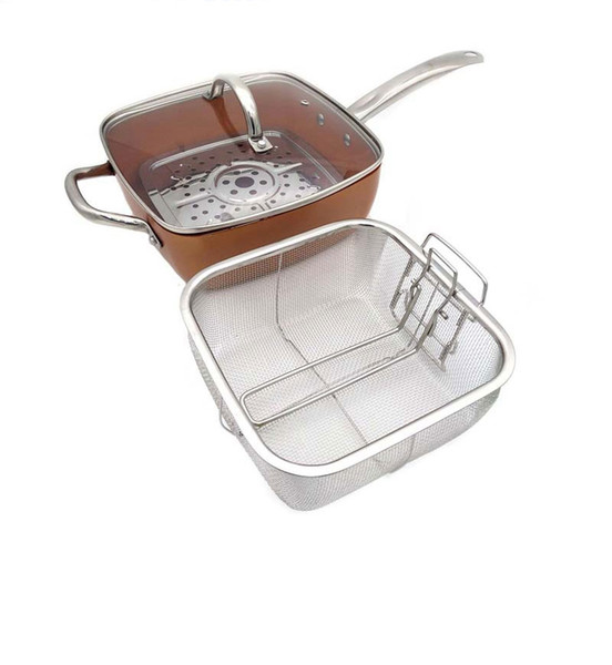 Sweettreats Copper Square Pan Induction Glass Lid Fry Basket With Stainless Steel Handle Steam Rack 4 Piece Set 9 .5 Inches