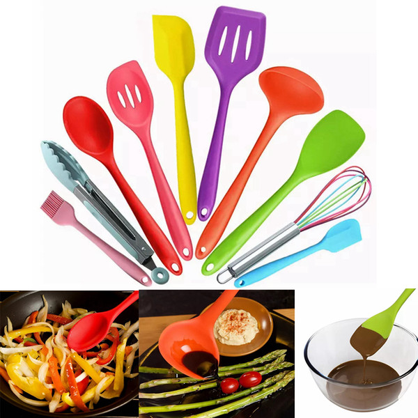 Set of 10 Pieces Silicone Kitchen Cooking Utensils Set With Hygienic Solid Coating Cookware Sets AAA322