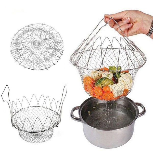 New Stainless Steel Expandable Foldable Fry Basket Kitchen Colander Magic Mesh Basket Strainer Net Cooking Steam Rinse Strain Basket