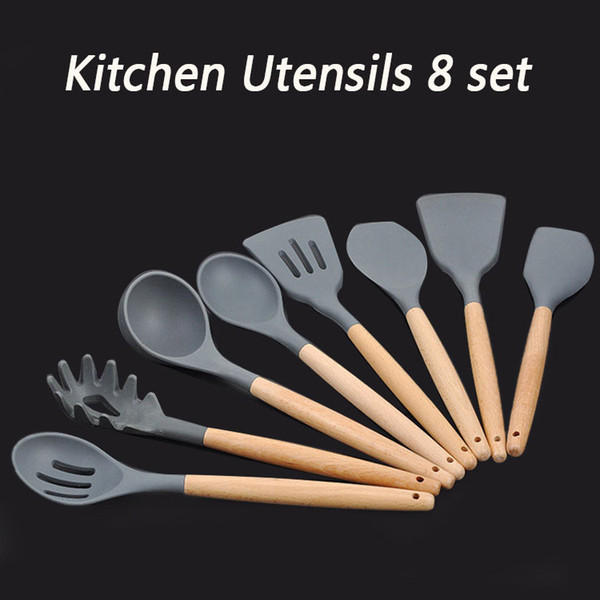 Kitchen Utensils Cooking Utensil 8 Piece Silicone Utensil Set Spatula Spoon Sets Nonstick Utensil Wood Handle Kitchen Baking Tools Gadgets