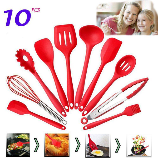 Set of 10 Pieces Red Silicone Heat Resistant Kitchen Cooking Utensils Set with Hygienic Solid Coating Cookware Sets