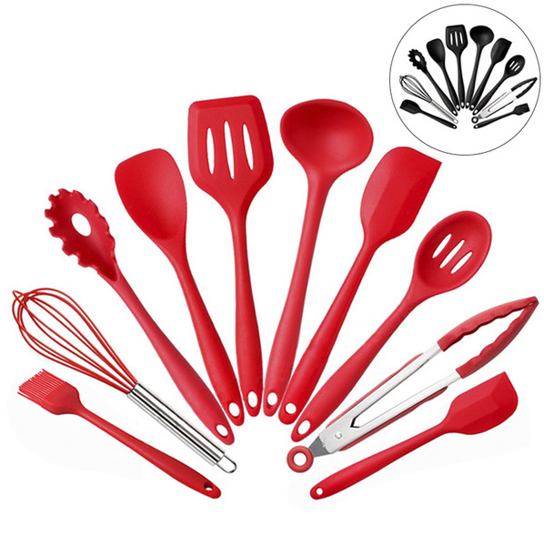 10Pcs/Set Silicone kitchen Cooking tools sets Scraper Oil brush Egg beater Barbecue clip Spaghetti spoon Utensil Set Kitchenware gadgets