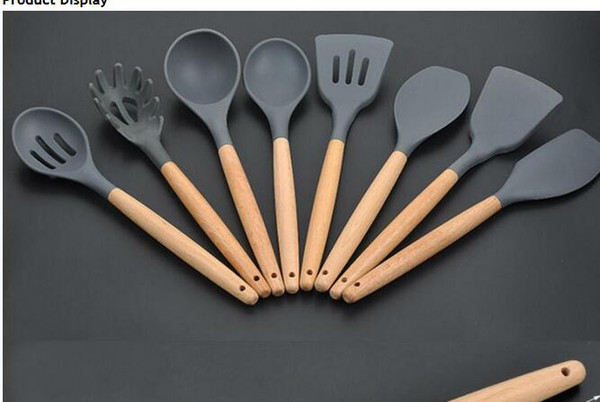 drop shipping 8Pcs/set Wood Handle Silicone Cooking Utensils Set For Kitchen Slotted Turner Spatula Spoon Ladle Spaghetti Tools Kitc ANI-153