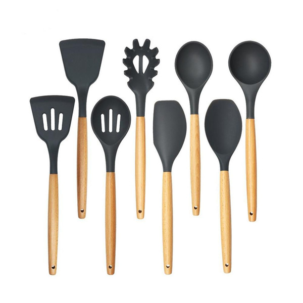 Kitchen Utensils Cooking Utensil 8 Piece Silicone Utensil Set Spatula Spoon Sets Nonstick Utensil Wood Handle Kitchen Baking Tools Gadgets