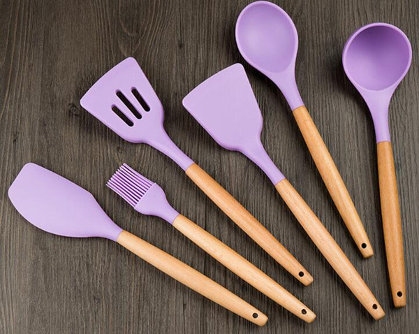 kitchen utensils set silicone cooking set wood handle heat resistant spoon shovel ladle spatula non stick silicone backing tools easy cook