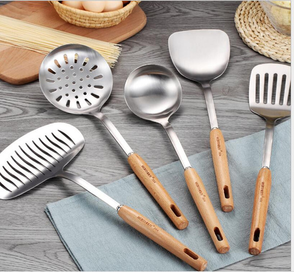 High Quality 5 Pcs/Set 304 Stainless Steel Kitchen Cooking Tools Set Non-slip Heat Resistant Wooden Handle Utensil Set kitchen Cookware Sets