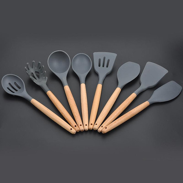 8Pcs Kitchenware Set Silicon Spatula Kitchen Tools Kitchen Utensils Nonstick Spatula Spoon Eco-Friendly Cooking Kit Shovel Wood Handle