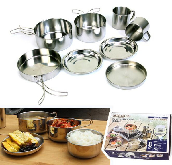 Stainless Steel Portable Cookware Set 8pcs/set Cookware Bowl Pot Spoon for Outdoor Camping Hiking Backpacking Travel Tableware