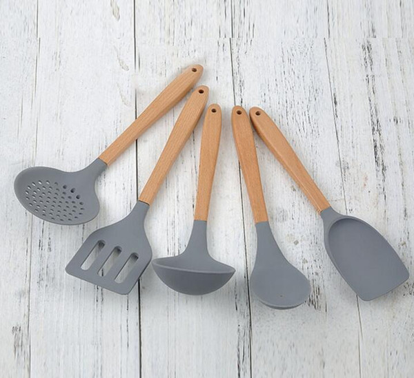 kitchen utensils set silicone cooking set wood handle heat resistant spoon shovel ladle non stick silicone backing tools easy cook