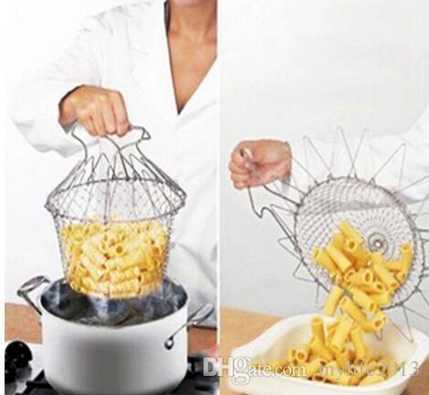 High Quality Foldable Fry Basket Steam Rinse Strain magic basket mesh basket Strainer Net Kitchen Cooking Tool AJI436