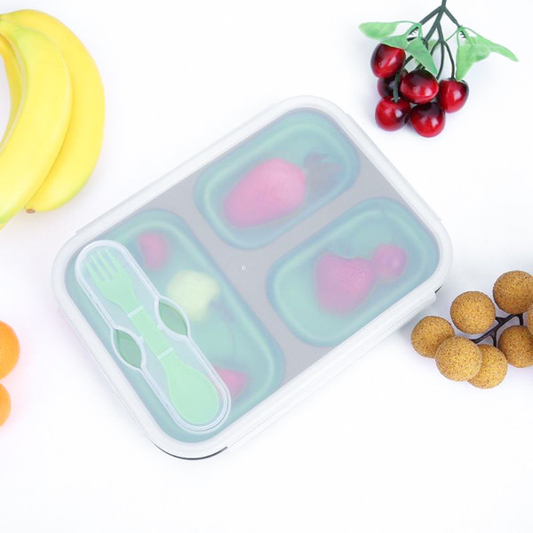 1300ml Portable 3 Grids Folding Silicone Lunch Box Bento Bowl Food Container Lunchbox with 2 in 1 Fork