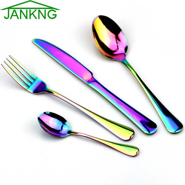 JANKNG 24Pcs/Set Luxury Golden Dinnerware Set Rainbow Stainless Steel Cutlery Wedding Tableware Dinner Knife Fork Tablespoon