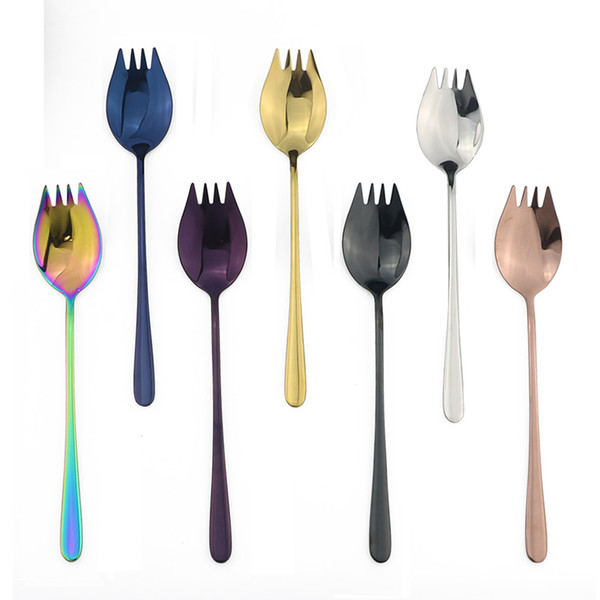 7 Colors Spoon Fork Long Handle Salad Spoon Reusable Stainless Steel Spork Gold Dessert Spoons Outdoor Picnic Dinnerware