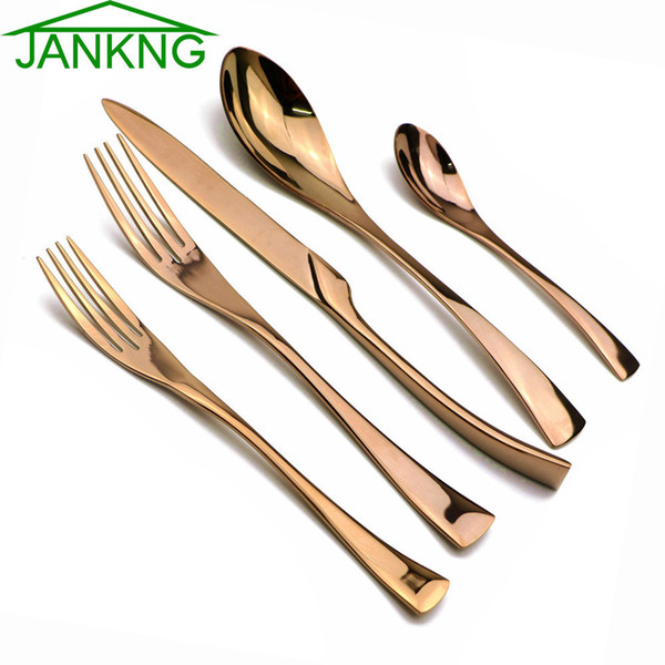 JANKNG 5-Piece Rose Gold Stainless Steel Cutlery Dinner Knife Fork Dessert Fork Teaspoon Dinnerware Tableware Set Service for 1