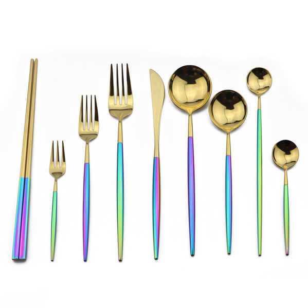 JANKNG Gold Rainbow Flatware Set Stainles Steel Dinnerware Set Blazing Colorful Tableware Western Cutlery Set