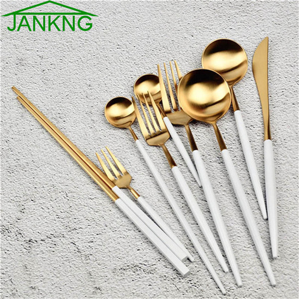 JANKNG 1-Piece Stainless Steel Dinnerware Set White Gold Black Knife Fork Tableware Cutlery Dinner Tableware Kitchen Accessories