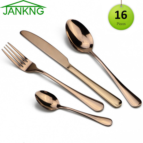 JANKNG 16Pcs/Set Dinnerware Set Rainbow Stainless Steel Cutlery Black Knife Fork Tableware Gold Silver Western Dinner Set